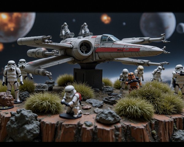 Miniature Star Wars X-Wing on Rocky Terrain Display