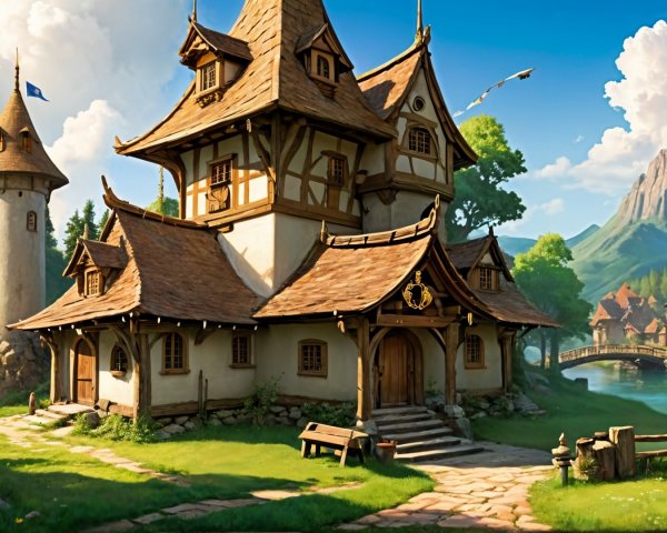 Whimsical Village with Timber-Framed Houses and Lake