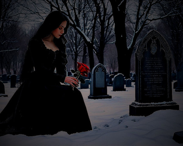 Snowy Cemetery Scene with Woman and Red Rose