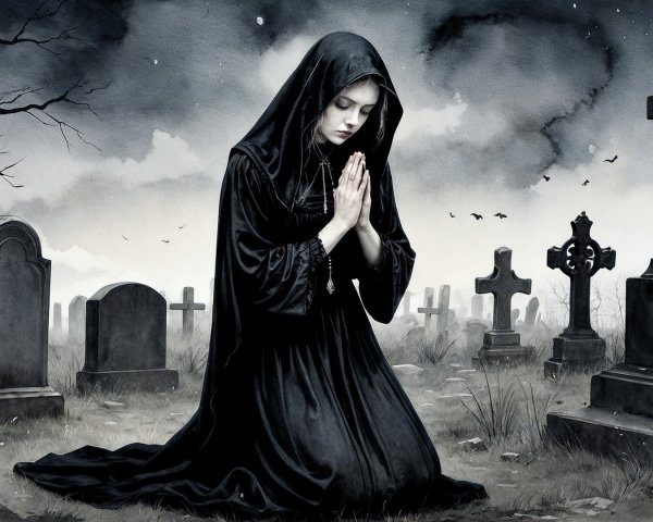 Somber Graveyard Scene with Young Woman in Mourning