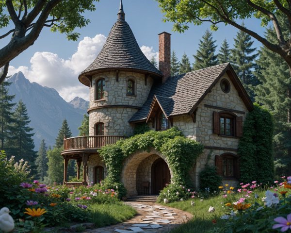 Stone Cottage Surrounded by Lush Landscape and Mountains