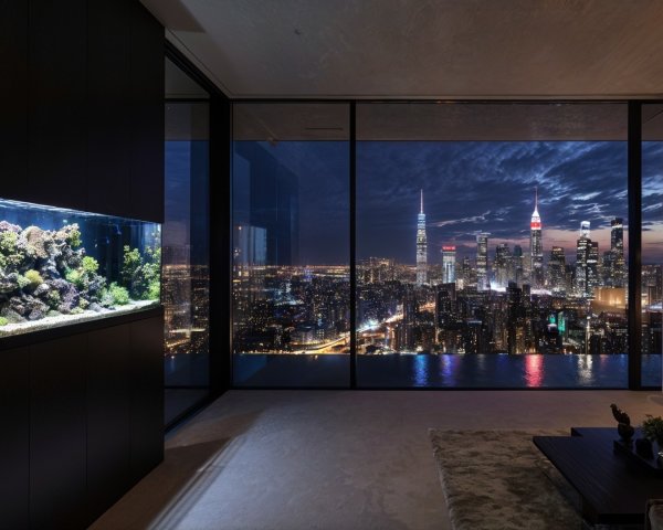 Modern Living Room with City Skyline and Aquarium
