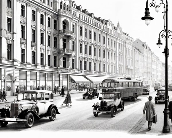 Vintage Black and White Street Scene with Classic Cars