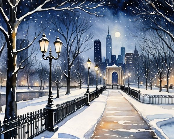 Snowy Park Pathway with Illuminated Lampposts at Night