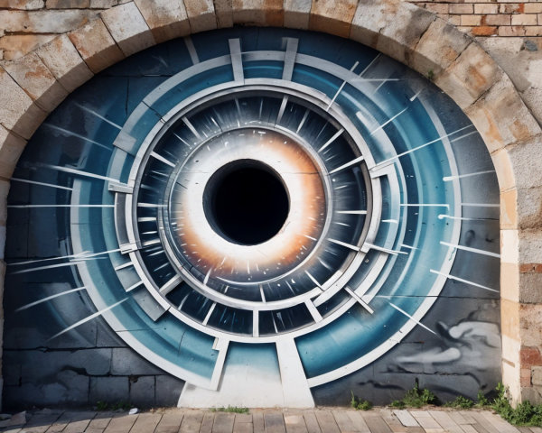 Mural of a Stylized Eye in Arched Stone Framework