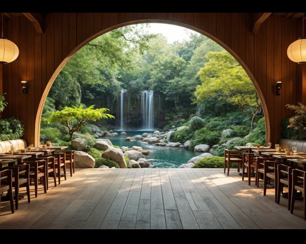 Serene Dining Space with Wooden Interiors and Greenery