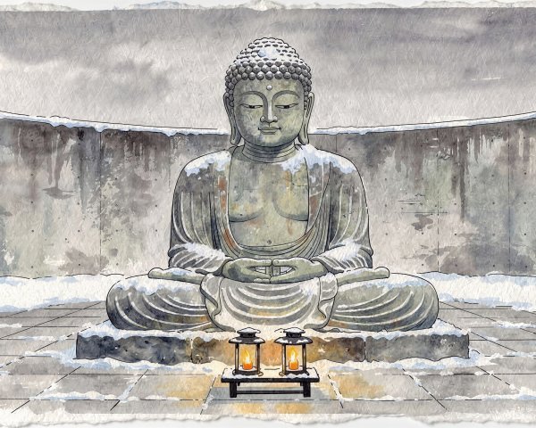 Watercolor of Buddha Statue Surrounded by Snow and Lanterns