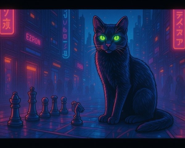 Neon Cyberpunk Cityscape with Black Cat and Chess Set