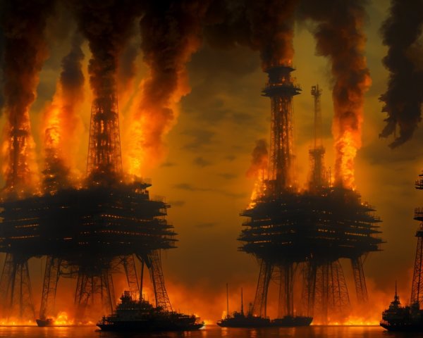 Offshore Oil Rigs on Fire with Thick Black Smoke