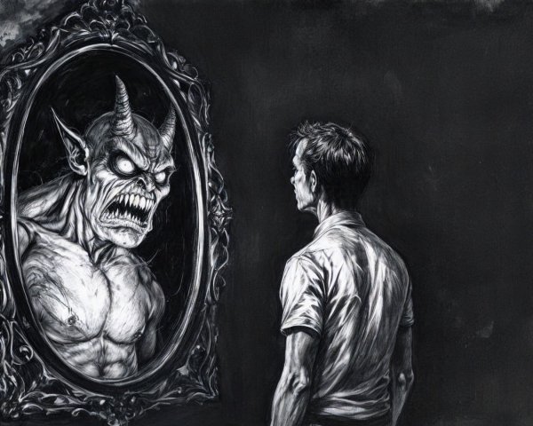 Man and Demon Reflection in Monochromatic Scene