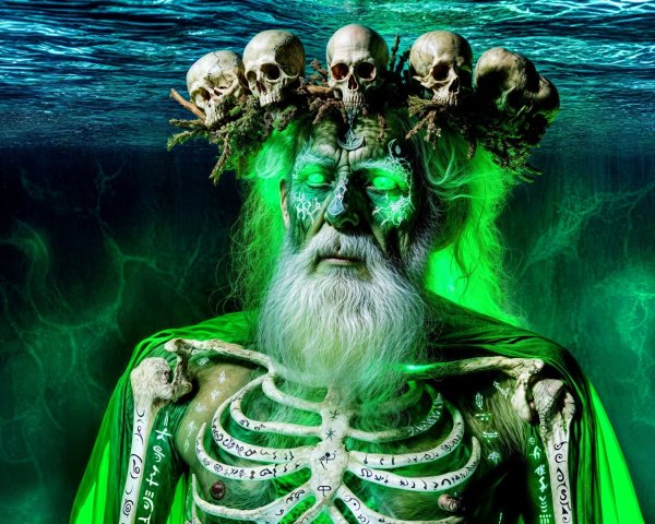 Mystical figure submerged in glowing water with skulls