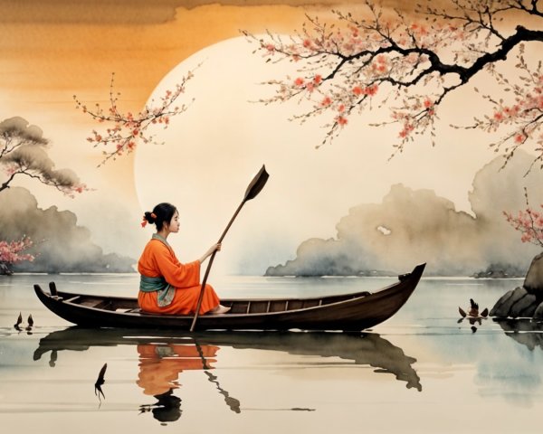 Woman in Orange Robe Rowing on Tranquil Lake