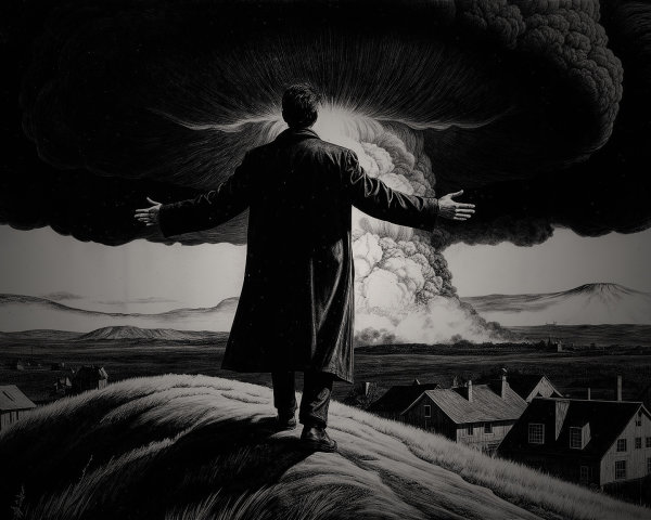 Figure in Long Coat Against Ominous Mushroom Cloud