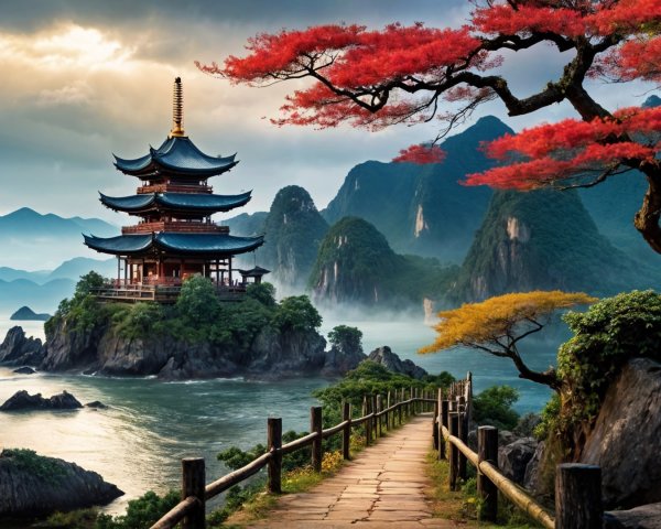 Serene Landscape with Pagoda and Autumn Colors