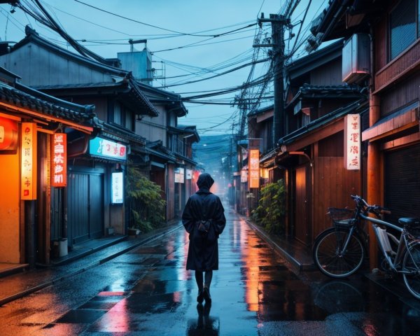 Solitary Figure in Rainy Neon-Lit Alley Scene