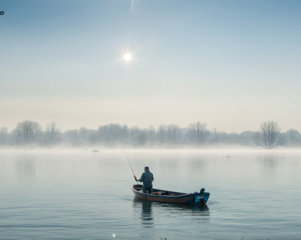 Lone Fisherman on Misty River at Sunrise