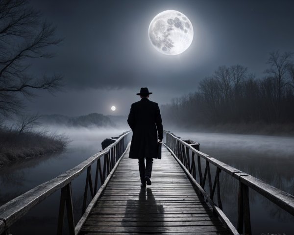 Mysterious Figure on Foggy Bridge Under Full Moon