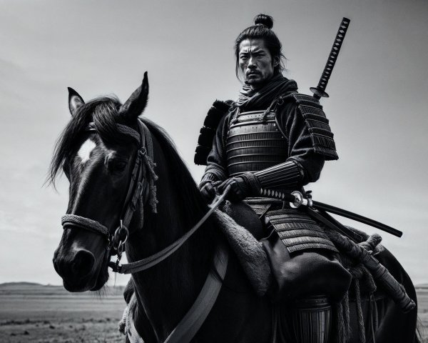 Samurai Warrior on Dark Horse in Monochromatic Landscape