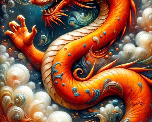 Mythical Dragon with Orange Scales in Cloudy Sky