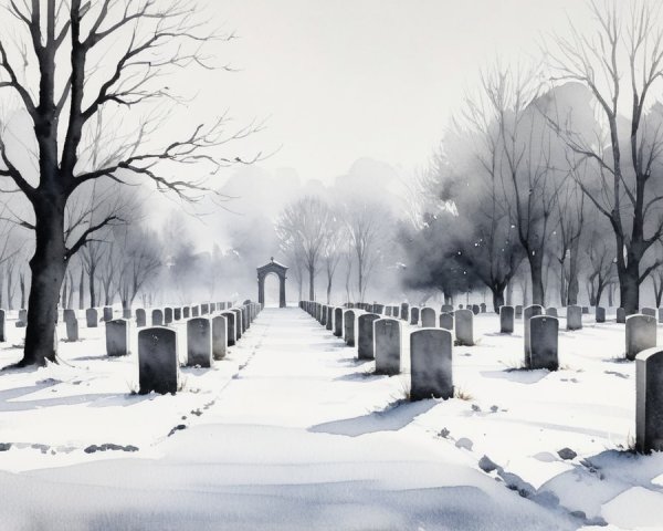 Snow-Covered Cemetery with Gray Tombstones and Trees