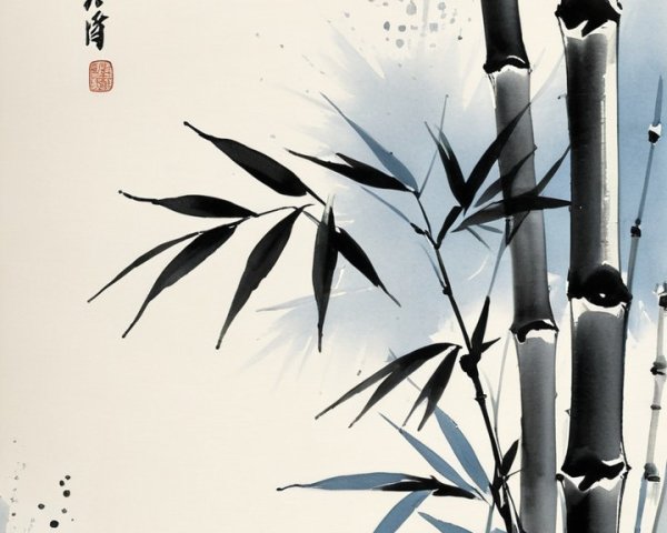 Chinese Ink Wash Painting of Bamboo Stalks and Leaves