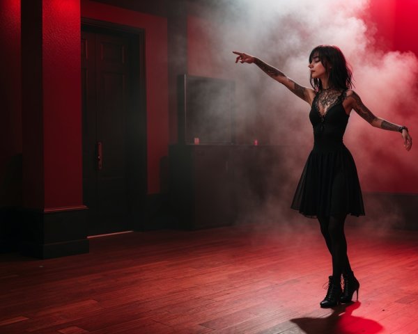 Confident Woman in Black Dress in Dimly Lit Room