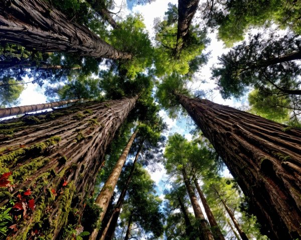 Serene Forest Scene with Towering Trees and Flowers
