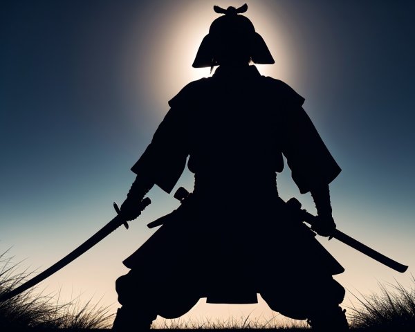 Silhouette of a Samurai Against a Glowing Sun
