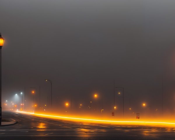 Foggy Street with Vintage Lamp Posts and Soft Glow