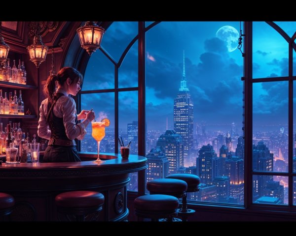 Colorful Cocktail in Stylish Bar with City Skyline View