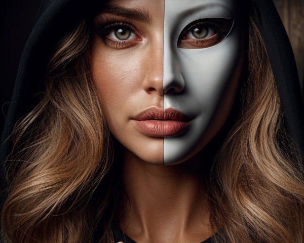Portrait of a woman with a white mask and hoodie