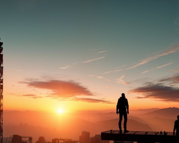 Rooftop View of City at Sunset with Silhouetted Figures