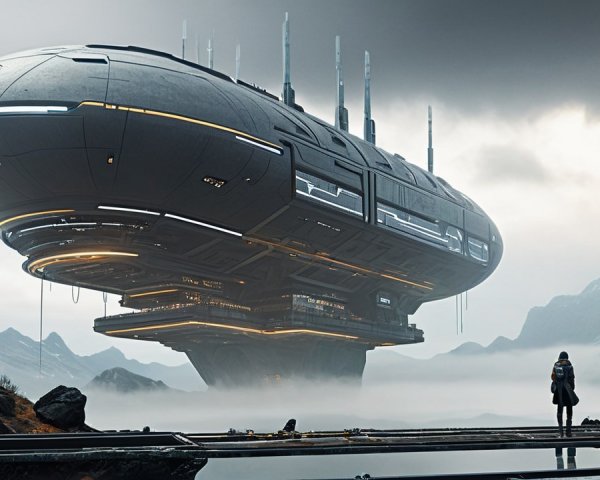 Futuristic spaceship above misty landscape with mountains