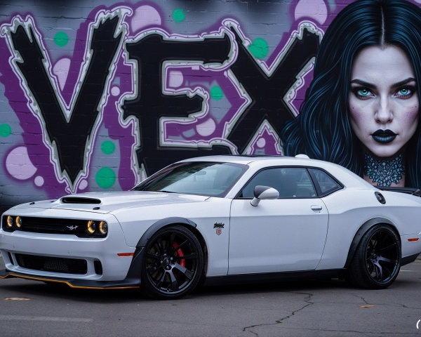 White Dodge Challenger Parked by Bold Mural Portrait