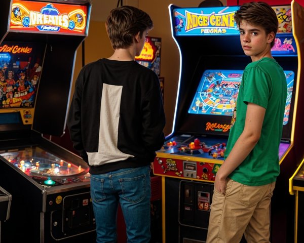 Boys in Vintage Arcade with Colorful Game Cabinets
