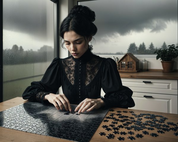 Young Woman in Vintage Dress Solving Puzzle Indoors