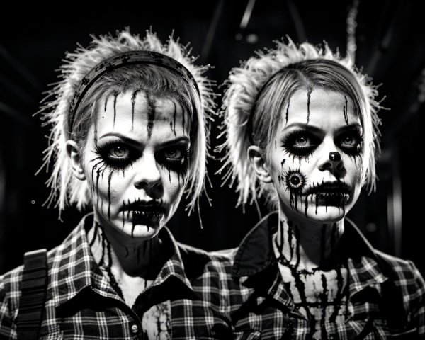 Gothic Clown Makeup on Two Women in Plaid Shirts