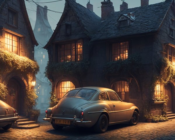 Charming Cobblestone Street with Vintage Houses and Cars