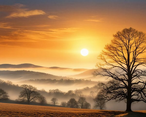 Epic Sunset Over Foggy Mountain Valley with Tree