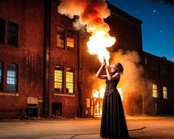 Dramatic Scene of a Woman Breathing Fire at Dusk