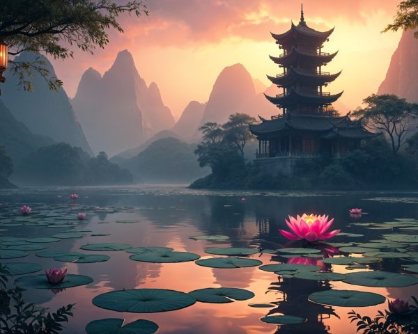 Serene Pagoda Landscape by Tranquil Lake at Sunset