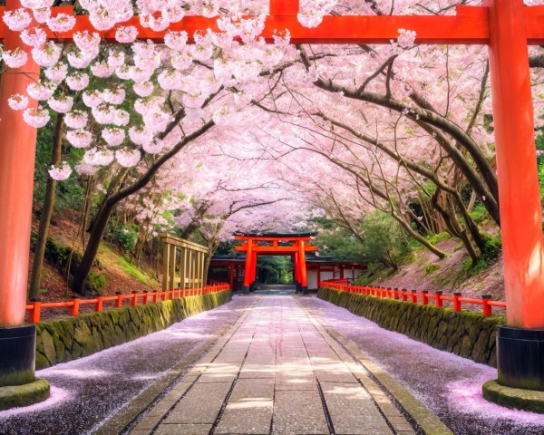 Pathway with Red Torii Gates in Cherry Blossom Grove