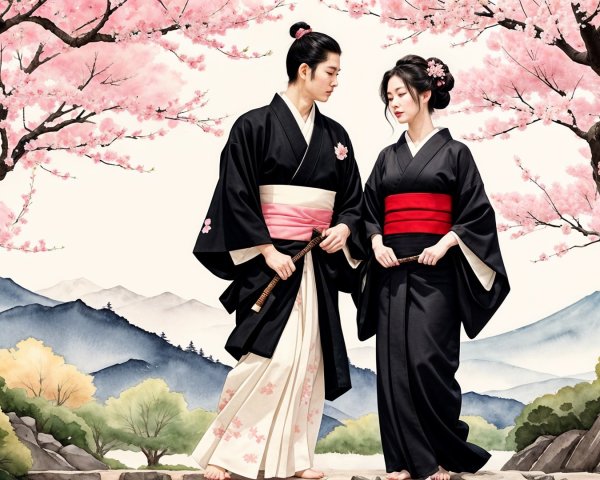 Young Couple in Traditional Attire Among Cherry Blossoms