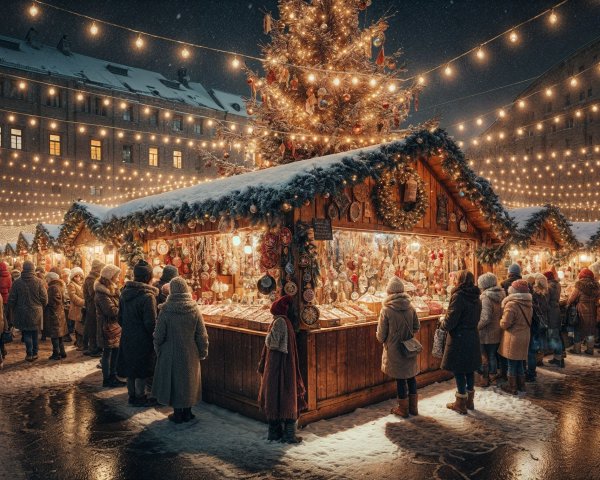 Festive Winter Scene of a Christmas Market at Night