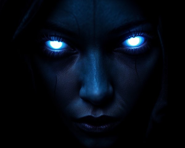 Mysterious Figure with Glowing Blue Eyes in Shadows