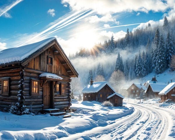 Charming Winter Scene with Snow-Covered Cabins