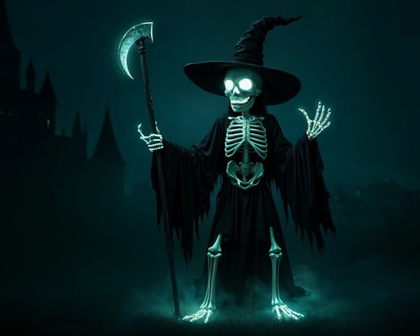 Glowing Skeleton Witch in Dark Misty Landscape