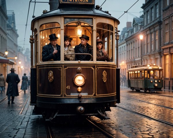 Vintage Tram in Nostalgic Early 20th-Century Setting