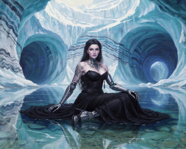 Cyborg Woman in Ice Cave with Reflective Pool