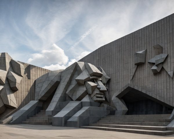 Monumental structure with stylized lion heads in stone